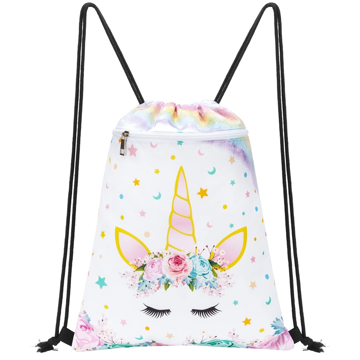 WAWSAM Rainbow Kids Drawstring Backpack - 13" x 18" Sports Gym Bag for Girls Waterproof Beach Swimming Travel Sackpack Birthday Christmas Gift with Zippered Pocket
