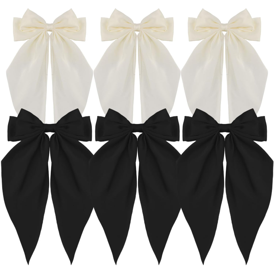 Atoden Oversized Hair Barrettes: Silky Satin Bowknot Clips, Long Tail Ribbons For Women - Black, White, Beige (6Pcs)