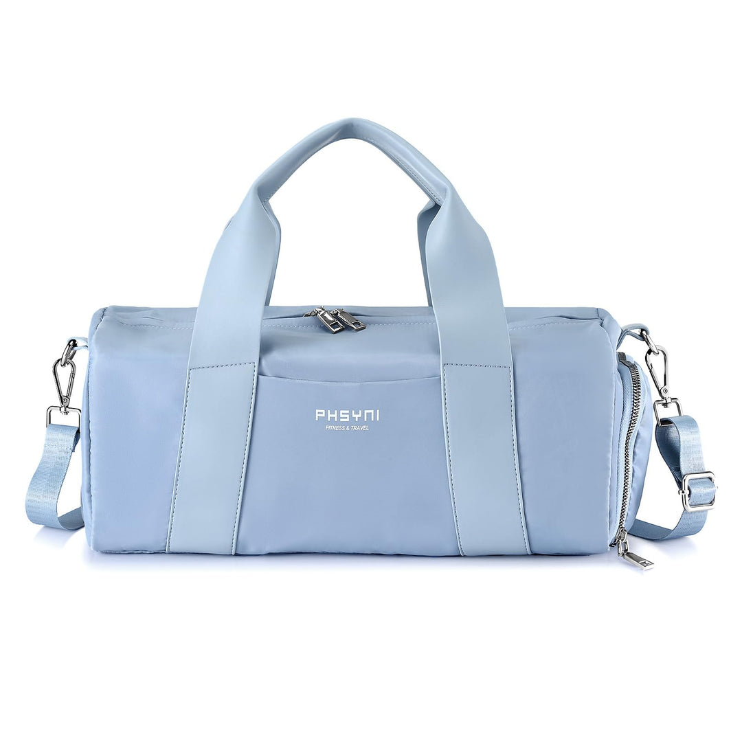 PHSYNI Compact Sports Gym Bag for Women, Cute Mini Duffle Bag with Wet Pocket & Shoes Compartment, Personal Item Travel Workout Bag, 16"- Small, Sky Blue