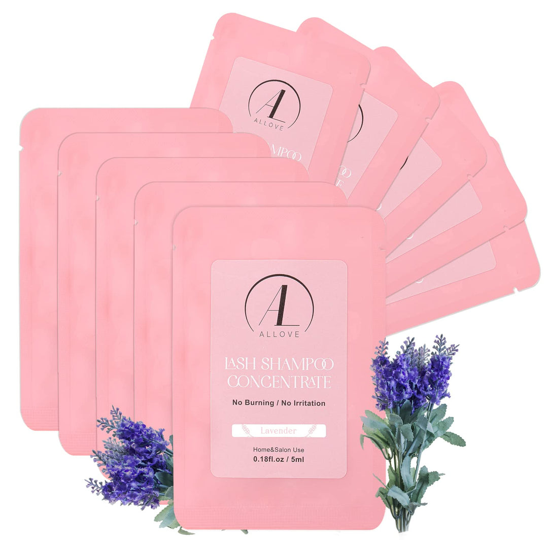 ALLOVE Lash Shampoo Concentrate 5ml*10, Sensitive and Non-irritate Extension Cleanser for Salon & Home Use - Lavender