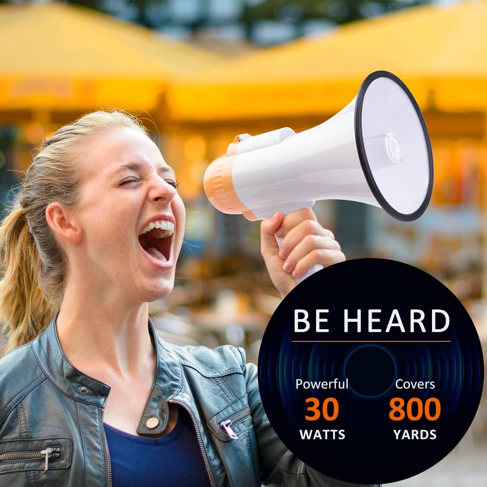 30 Watt Power Portable Megaphone Bullhorn Speaker Voice, Siren/Alarm and 240S Recording with Volume Control and Strap (White Orange)