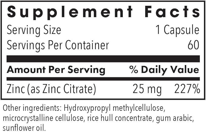 Allergy Research Group Zinc Citrate Supplement - 25mg Zinc for Men & Women, Immune Support, Pure, Well-Absorbed, Well-Tolerated, Trace Mineral, Vegetarian Capsules - 60 Count
