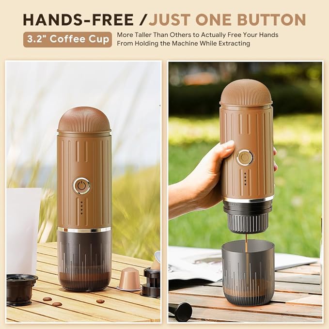BENFUCHEN Portable Espresso Machine For Travel, Self-Heating Electric Espresso Maker, 19 Bar Portable Electric Espresso Machine For Camping On the Go For Ground Coffee and NESPRESSOpods, Brown