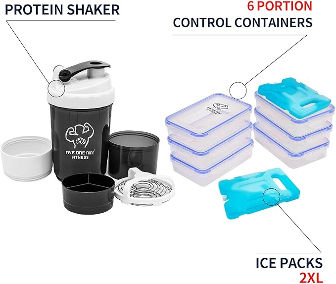 519 Fitness Meal Prep Backpack,Hiking Outdoor Insulated Unisex Lunch Cooler with Computer Compartment,Include 6 Meal Containers,2 Ice Packs and Shaker