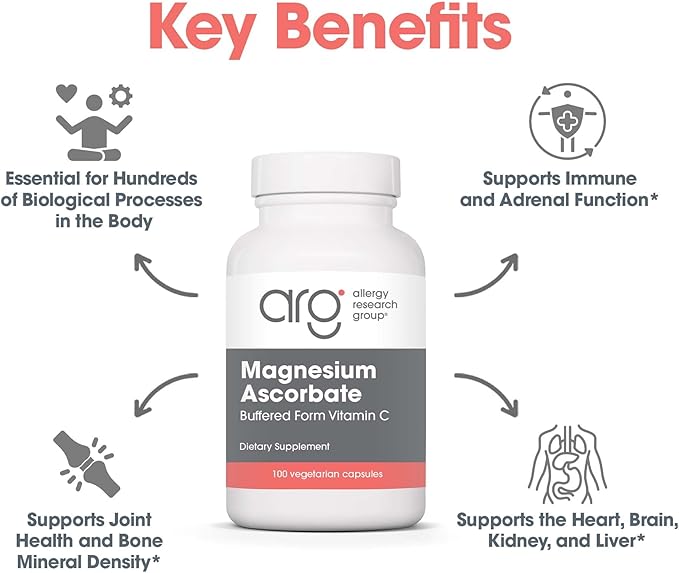 Allergy Research Group Magnesium Ascorbate Supplement - 1000mg Buffered Vitamin C, Immune Support, Magnesium Powder, Vegetarian Capsules - 100 Count