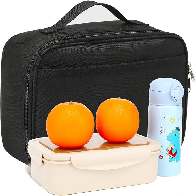 FlowFly Kids Lunch box Insulated Soft Bag Mini Cooler Back to School Thermal Meal Tote Kit for Girls, Boys, Black