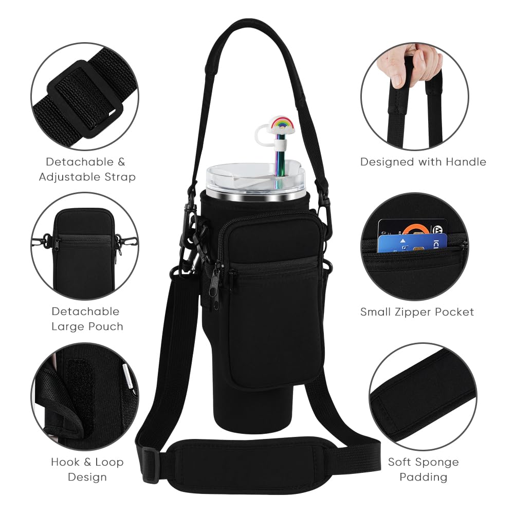 3 in 1 Water Bottle Carrier Bag with Pouch Pocket fits Stanley 40 oz Tumbler, Water Bottle Holder with Strap for Stanley Cup Accessories with Stainless Steel Straws, Straw Cover, Spill Proof Stoppers