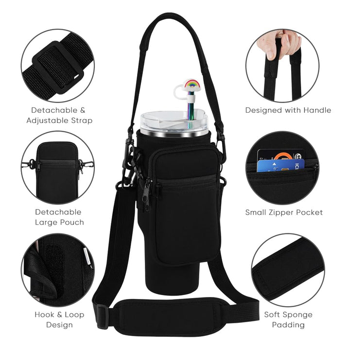 3 in 1 Water Bottle Carrier Bag with Pouch Pocket fits Stanley 40 oz Tumbler, Water Bottle Holder with Strap for Stanley Cup Accessories with Stainless Steel Straws, Straw Cover, Spill Proof Stoppers