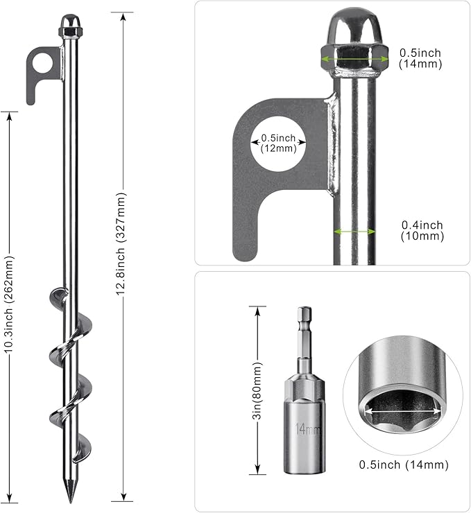 12 Inch Ground Anchors, 8 Pcs Heavy Duty Tent Stakes, Easy to Install and Reusable, for Camping Tents, Trampolines, Sheds, Swing Sets, Securing Animals