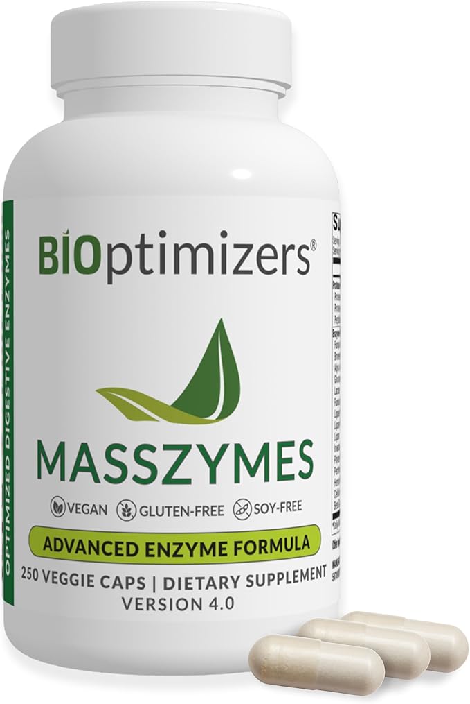 BIOptimizers MassZymes Digestive Enzymes Supplement – Max Nutrient Absorption, Boost Energy, Reduce Bloating – Health Vegan Dairy-Free – Muscle Recovery, Gut Health & Clarity - 100,000 Units 250 Caps