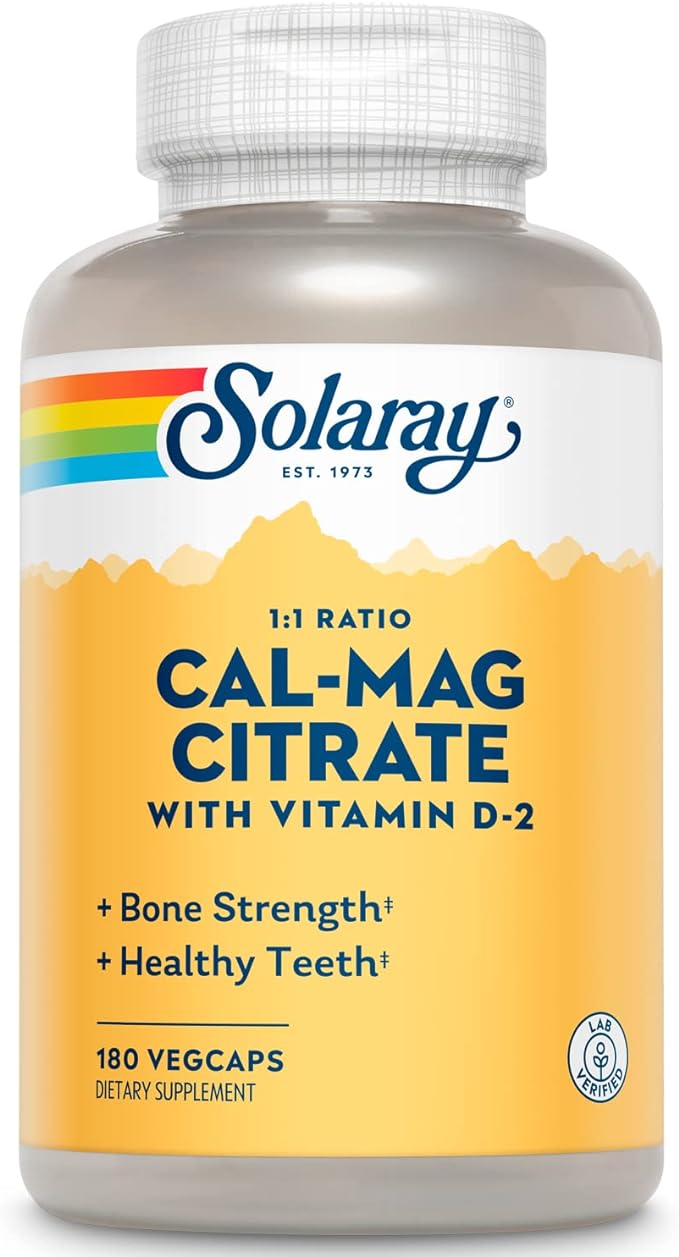 SOLARAY Calcium Magnesium Citrate 1:1 Ratio w/Vitamin D 2 - Calcium Supplements for Women and Men - Calcium 1000mg, Magnesium 1000mg - Bone Health Support - 60-Day Guarantee, 30 Servings, 180 VegCaps