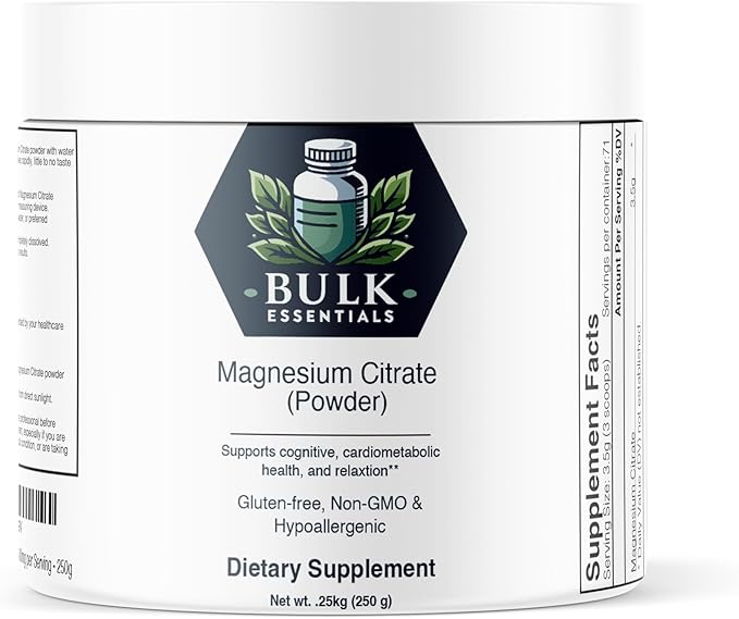 Pure Magnesium Citrate Powder – Unflavored 250g Supplement for Muscle, Heart & Digestive Support – USA Made, Free from GMO & Gluten – Magnesio 3.5g Per Serving