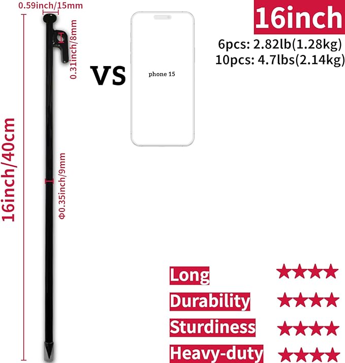 16inch 10 Packs Tent Stakes Heavy Duty Steel Large Tent Pegs for Camping Unbreakable Inflexible Extra Long Windproof