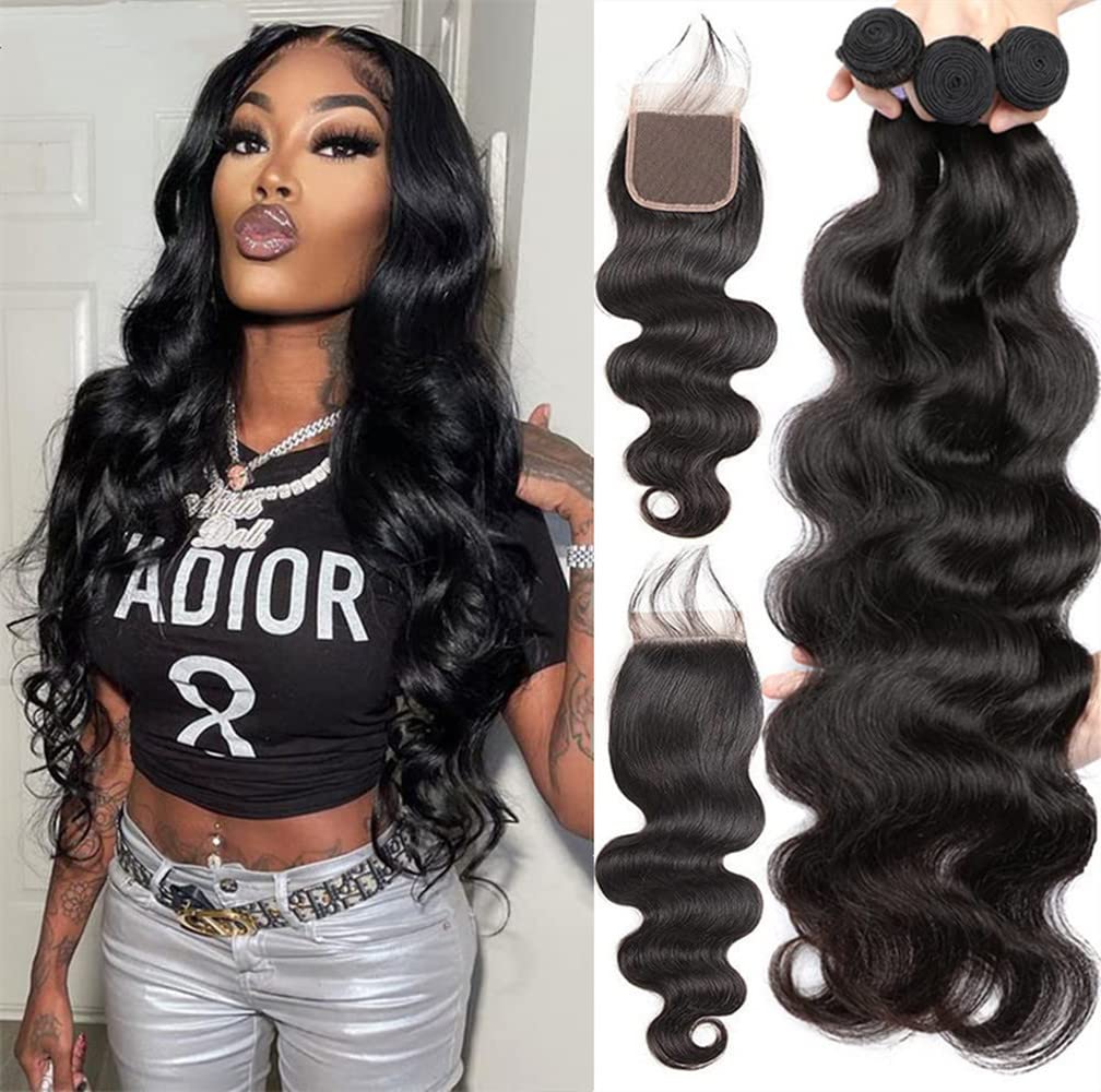 Yisea Body Wave Bundles With Closure Brazilian Human Hair 3 Bundles With Closure(14 16 18+12) Body Wave 100% Unprocessed Virgin