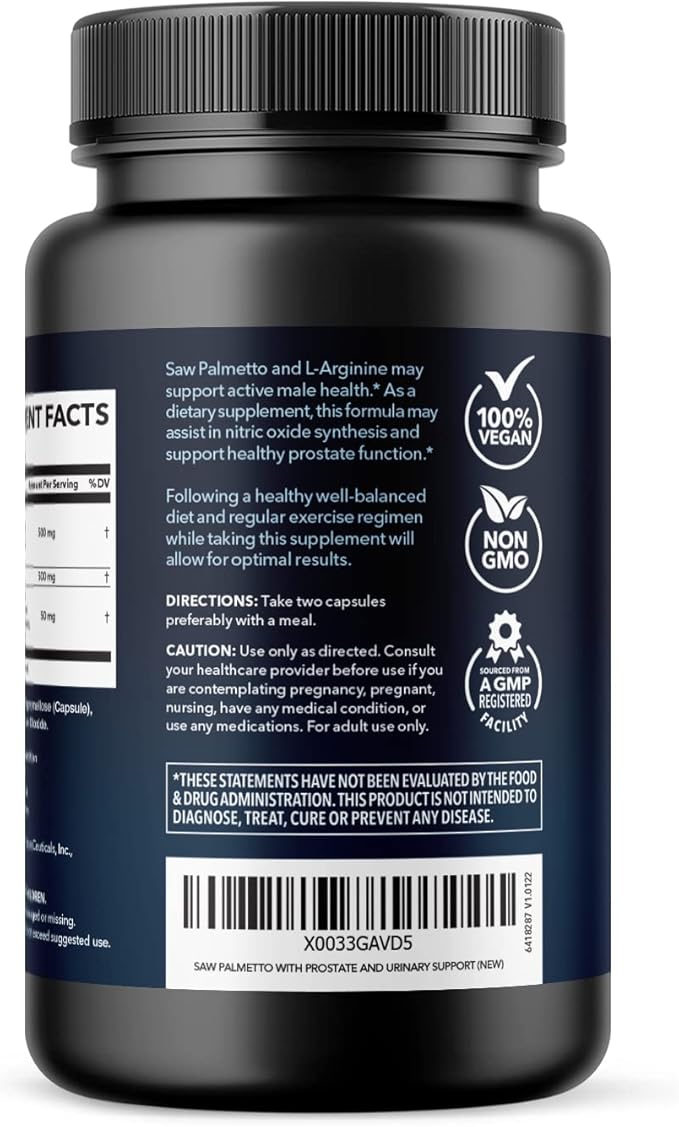 Saw Palmetto 500mg and L-Arginine 500 mg - Prostate Health and Nitric Oxide Supplements for Men - 60 Count - Urinary Function Support and Endurance for Active Males - Vegan, Non-GMO, 1 Month Supply
