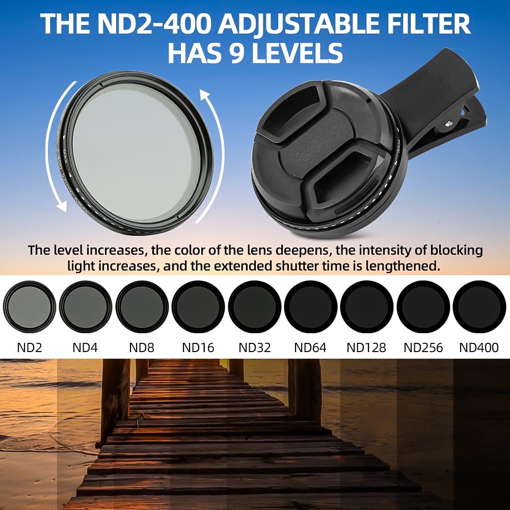 52mm Variable ND2-ND400 Filter, Clip-on Phone Lens ND Kit, Universal Adjustable Neutral Density Compatible With iPhone/Samsung/Android Smartphones (Size: 52mm)