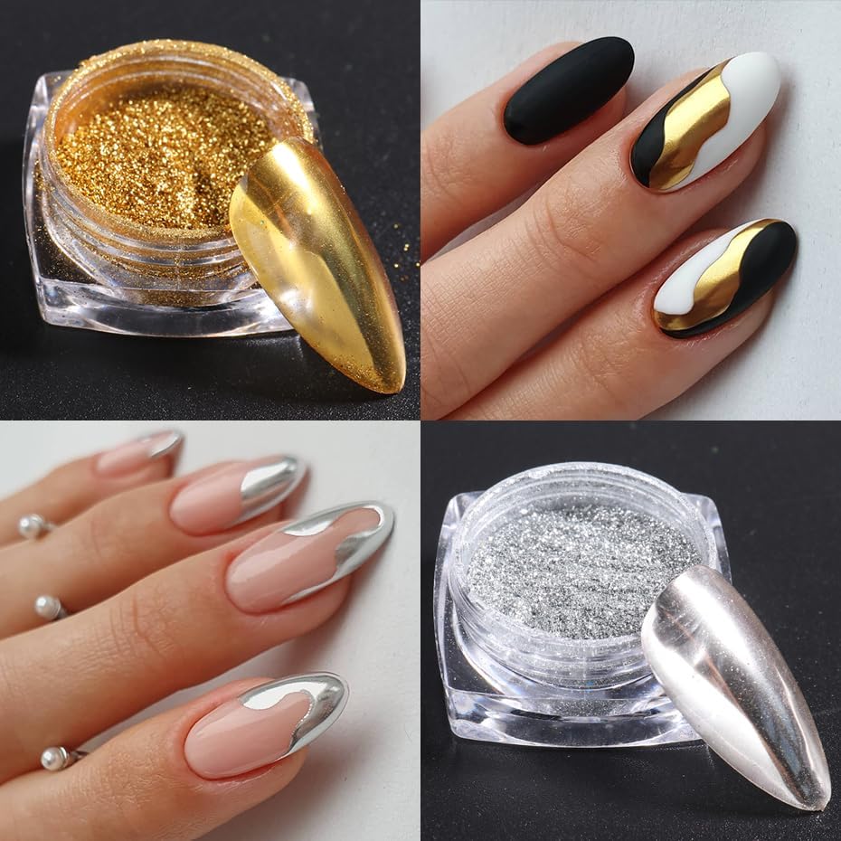 Metallic Mirror Chrome Nail Powder Set, 23 Colors Magic Mirror Y2K Gold Silver Decorations Rubbing Nail Art Glitter Pigment Flakes Manicure Accessories (23pcs Chrome Powder)