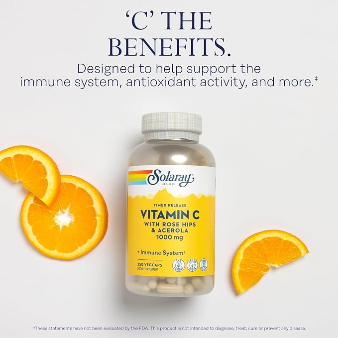 SOLARAY Vitamin C with Rose HIPS & Acerola | Two-Stage Timed-Release Formula | 1000mg | 24-Hour Immune Support & Antioxidant Supplement | 250 Ct.