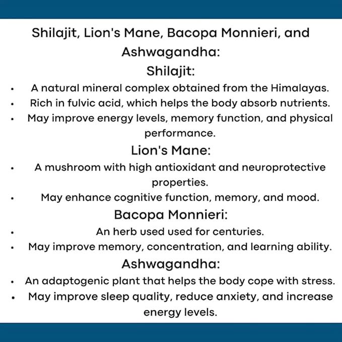 Lion's Mane - Shilajit - Ashwagandha - Bacopa Monnieri Liquid Drops | for Stress, Memory Booster,Focus | All Natural Ingredients 1Fl Oz (1)