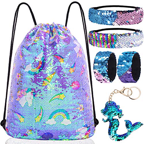 Mermaid Reversible Sequin Drawstring Backpack/Bag Clear Iridescent Sequin+Multi-Patterns Purple Fabric for Kids Girls