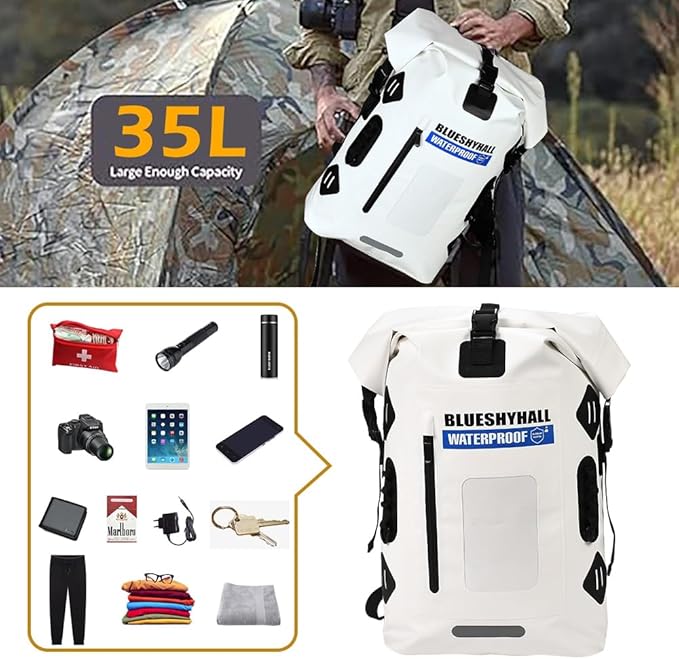 Blueshyhall 35L Waterproof Dry Backpack, Outdoor Travel Roll Top Closure Water Repellent Duffle Storage Sack for Kayaking Rafting Boating Fishing Camping and Beach - White