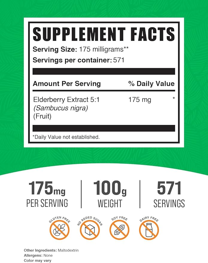 BulkSupplements.com Elderberry Extract Powder - Elderberry Supplements, from Black Elderberry - for Immune Support, Gluten Free - 175mg per Serving, 100g (3.5 oz) (Pack of 1)