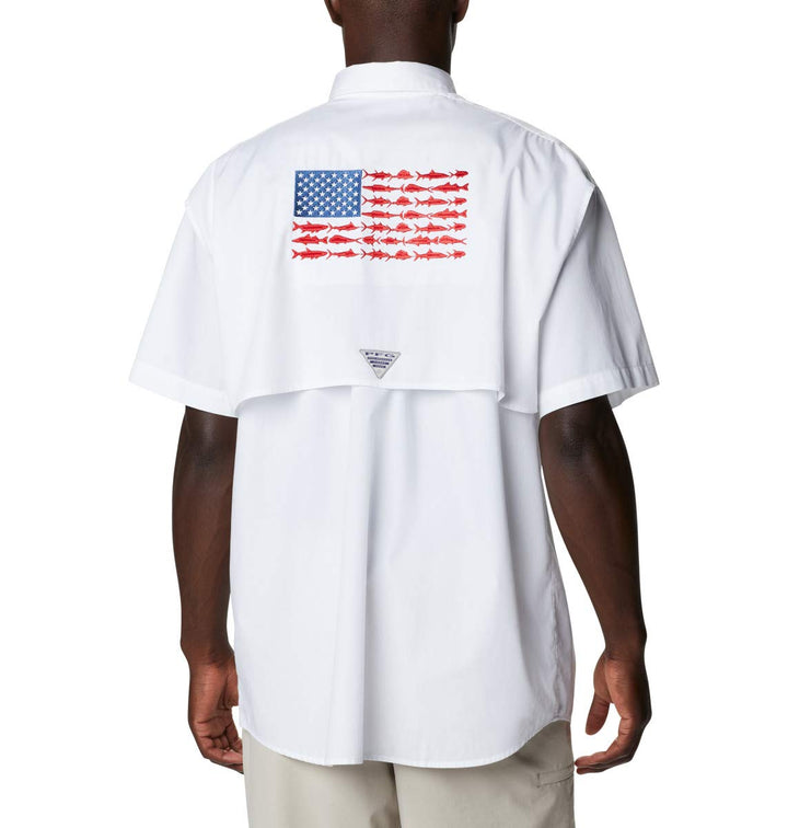 Columbia Men's Bonehead Icon Short Sleeve Shirt, White/USA Fish Flag Graphic, X-Large