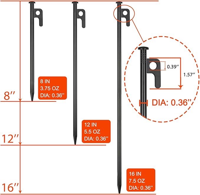 4 Pack Tent Stakes Heavy Duty Metal Tent Pegs for Camping Steel Tent Stakes 8 inch Unbreakable and Inflexible Black