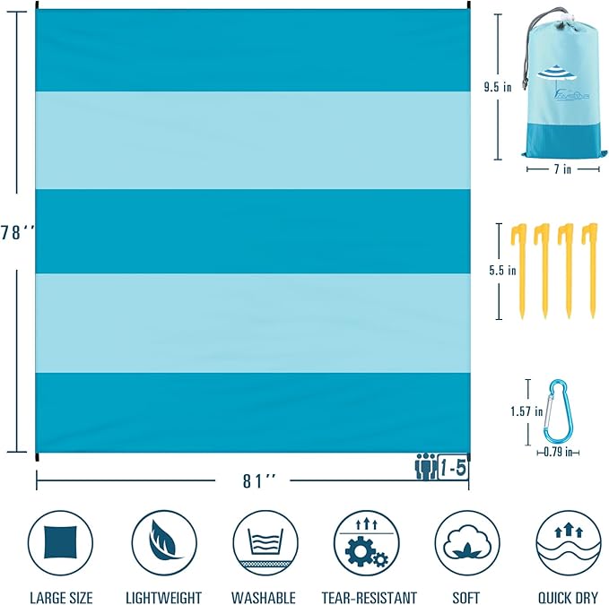 Beach Blanket Sandproof Waterproof 78''×81''1-5 Adults Oversized,Compact Lightweight Durable Beach Mat for Travel Camping Hiking Picnic Blanket
