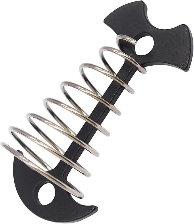 8 pcs Aluminium Alloy 2.6 inch Fishbone Tent Stakes Deck Anchor Pegs with Spring Rope Buckle Hook Cord Adjuster Tensioner Kit for Camping on Wood Platform Black