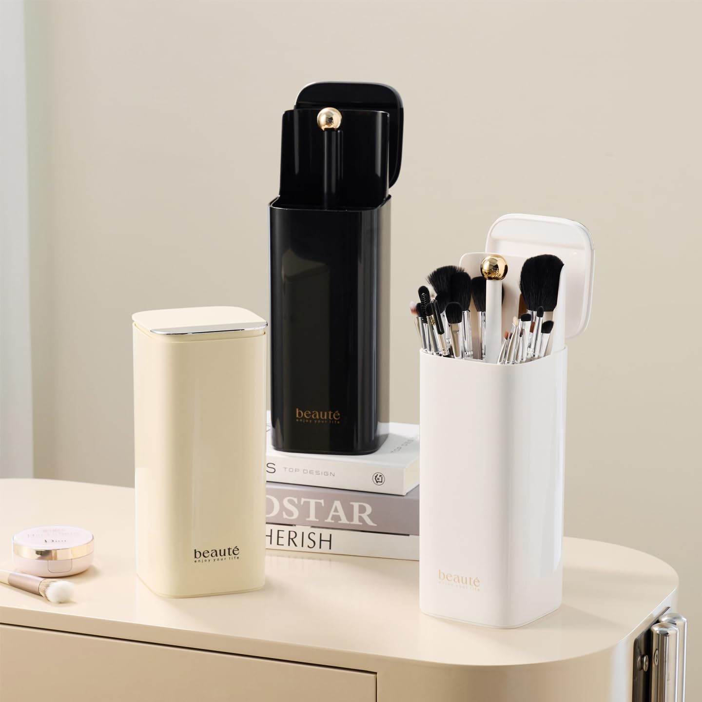 ACSTORi Makeup Brushes Organizer With Portable Covered Cap Waterproof Dustproof Manual Press Lift Makeup Brush Holder With Lid For Vanity Desktop Bathroom Countertop Black