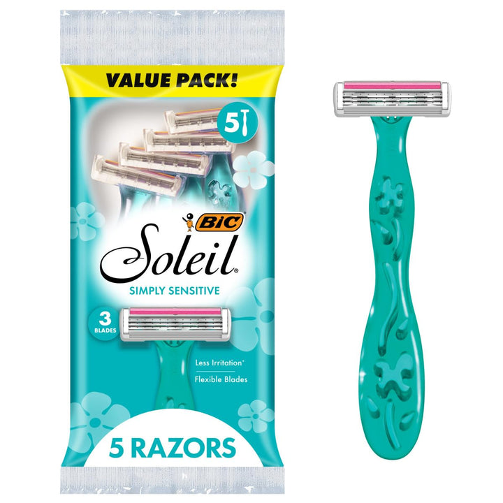 BIC Soleil Simply Sensitive Women's Disposable 3 Blade Razors, Soothing Moisture Strip, 5-Count Pack