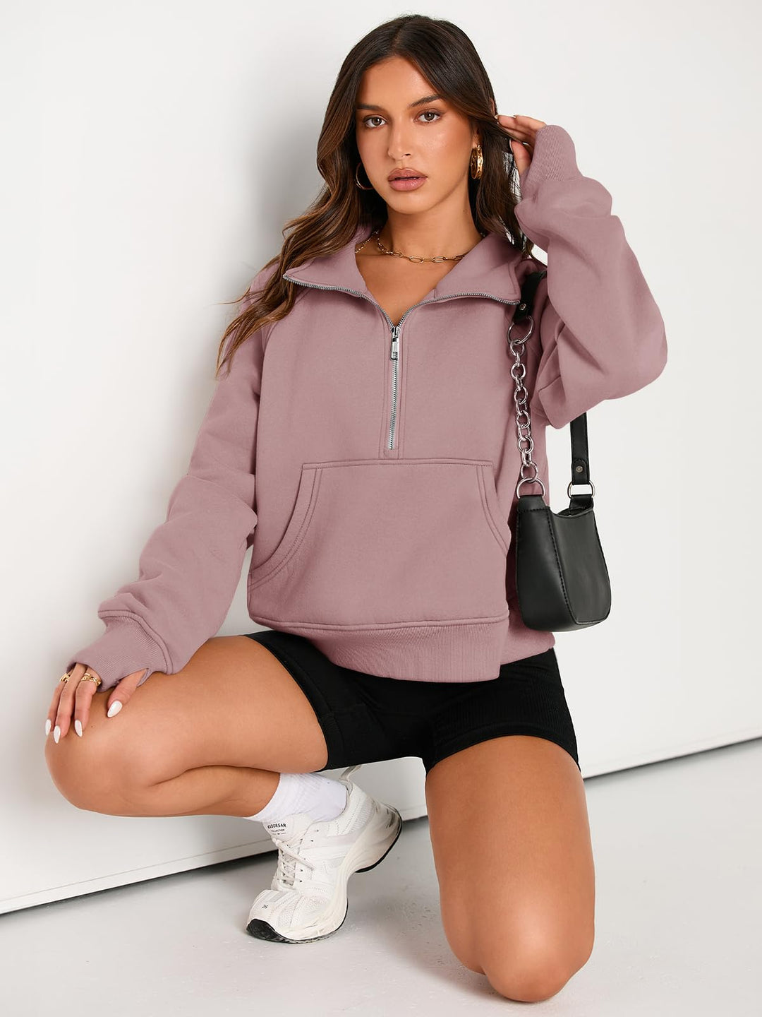 AUTOMET Womens Sweatshirts Half Zip Cropped Pullover Fleece Quarter Zipper Hoodies 2024 Fall Fashion Outfits Clothes Thumb Hole Darkpink