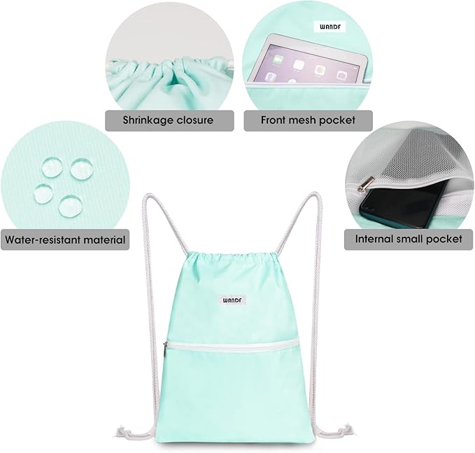 WANDF Drawstring Backpack String Bag Sackpack Cinch Water Resistant Nylon for Gym Shopping Sport Yoga (Mint Green)
