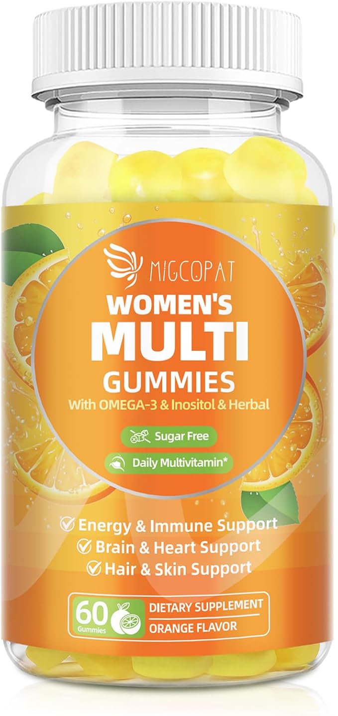 Multivitamin Gummies for Women w/Omega-3, Inositol, Folate, Biotin, Women Multivitamin Gummy w/Vitamins A, C, D3, E, B12 for Heart, Brain, Energy, Immune, Sugar Free, Orange Flavor, 60 Ct