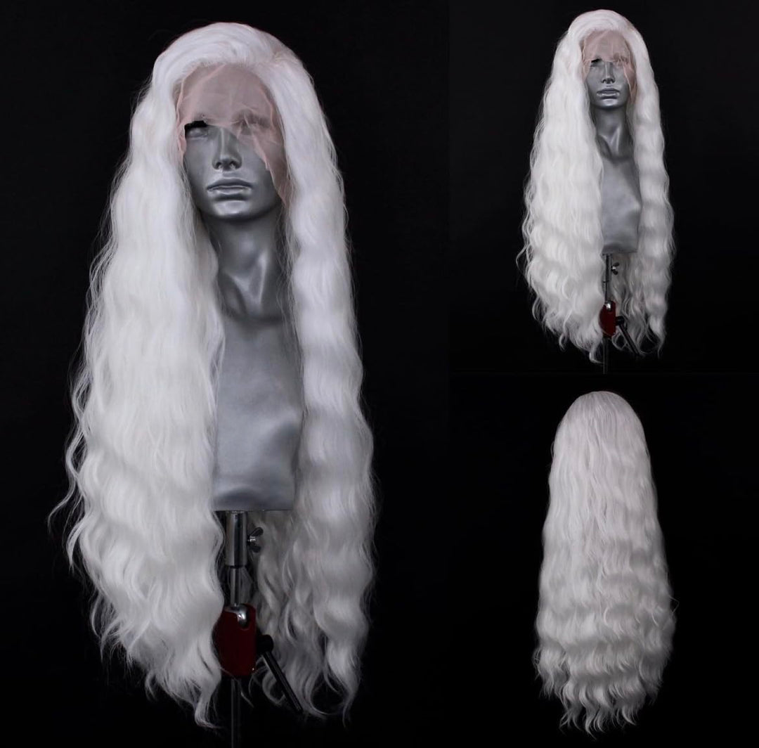 Wxhwcx White Wavy Synthetic Lace Front Wigs Free Part Loose Wave Heat Resistant Natural Hairline Fiber Hair Glueless Lace Wigs F