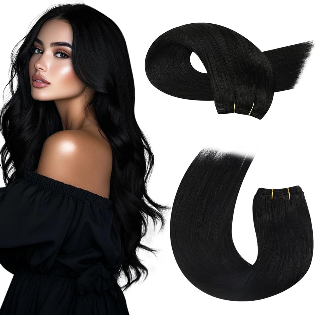 Moresoo Black Human Hair Extensions Sew In Weft Bundles Black Weft Hair Extensions Human Hair Jet Black #1 Remy Double Weft Sew