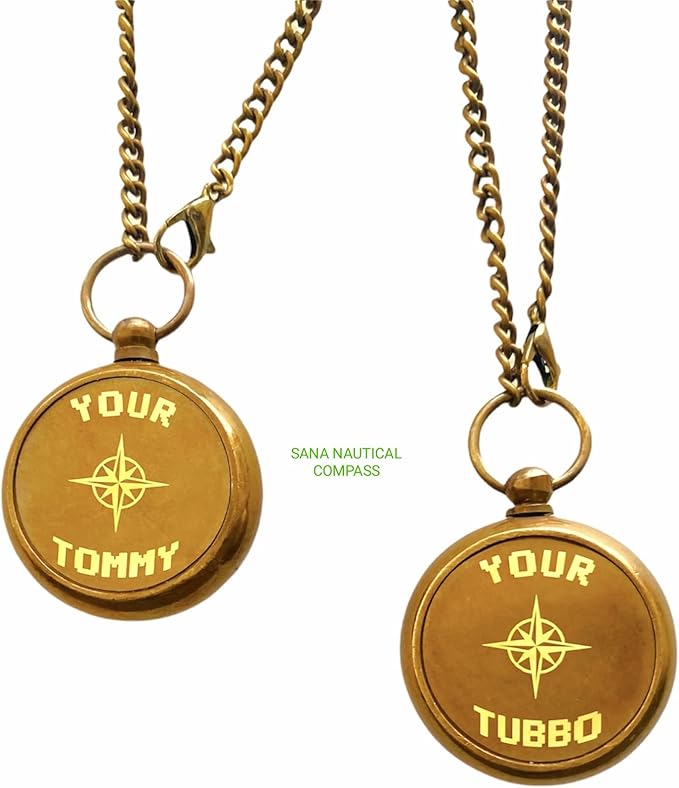 Antique Compass Your Tommy Your Tubbo Nautical Locket Compass Engraved Brass Compass with Leather Case Chain Compass (Both), Dark Brown