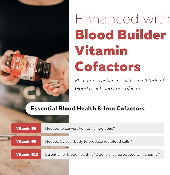 Organic Iron Supplement | Whole Food Iron & Cofactors, 25 mg Elemental Iron | Enhanced Absorption Plus Blood Builder Vitamins - Gentle Form - Support Healthy Iron Level & Blood Health - 90 Capsules