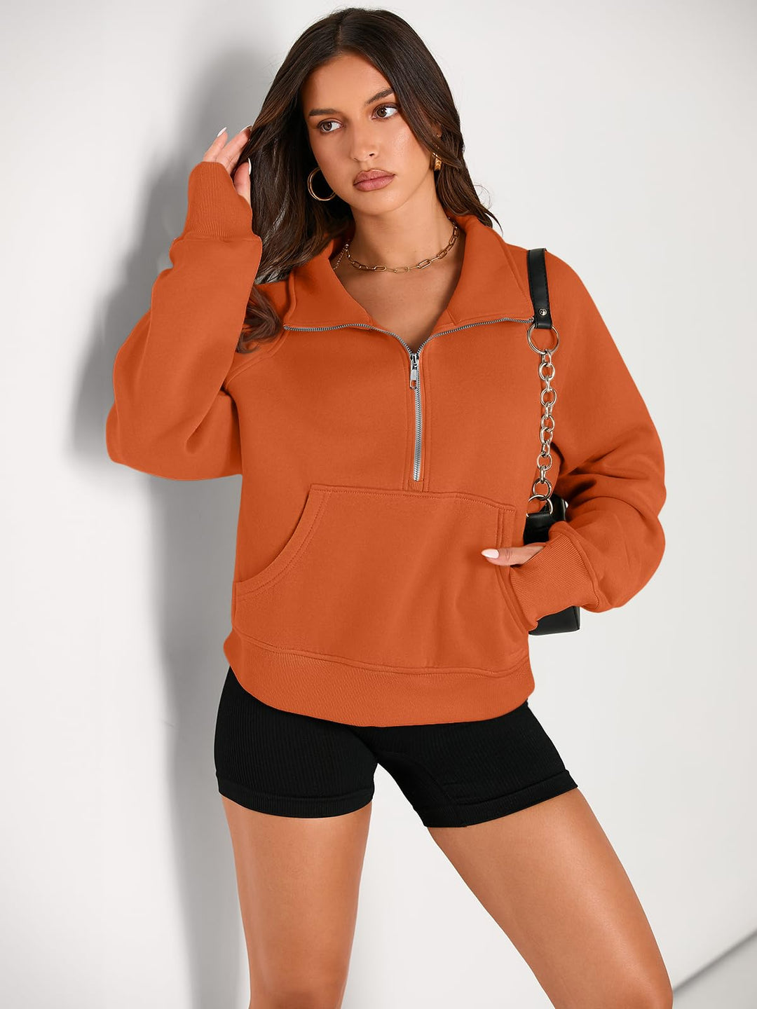 AUTOMET Womens Sweatshirts Half Zip Cropped Pullover Fleece Quarter Zipper Hoodies 2024 Fall Fashion Outfits Clothes Thumb Hole Orange