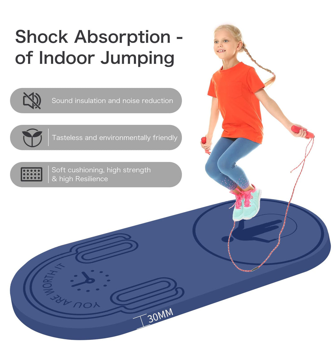 LERYG 8/20/30mm Jump Rope Mat Fitness Exercise Mat Durable, Non-Slip, Workout Mats with Jump Rope & Carrying Bag for Home Gym Flooring in Blue(55"x 24"x 30mm)