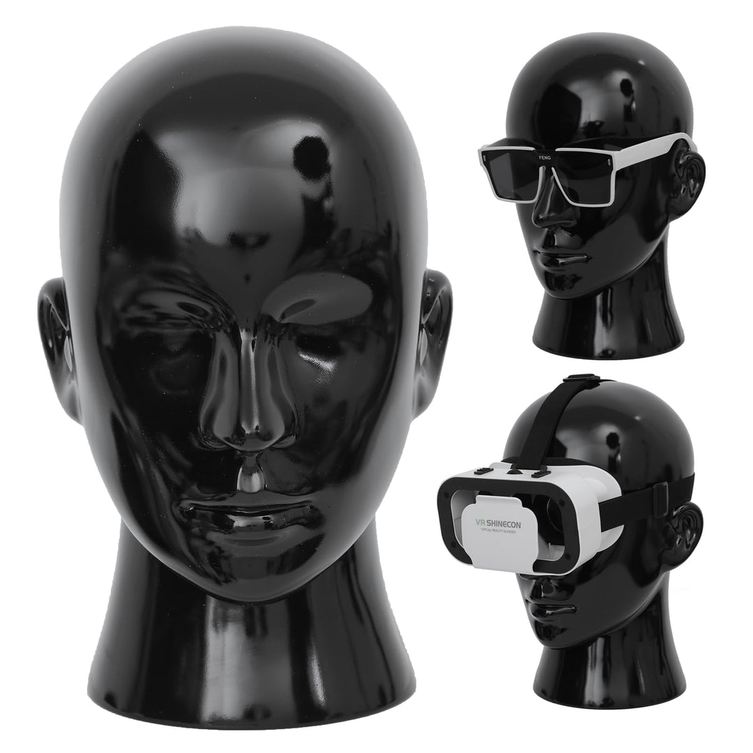 AMLUCKS Male Mannequin Head Professional PVC Manikin Head for Display Wigs Hats Headphone Mask Sunglasses Scarf Jewelry Display Stand (Bright Black)