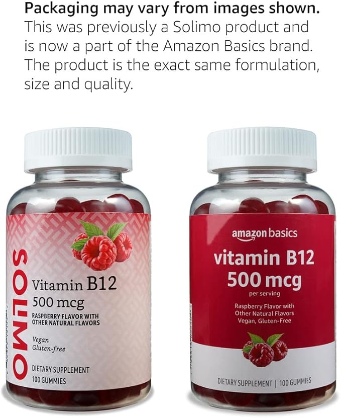 Amazon Basics Vitamin B12 500 mcg Gummies - Normal Energy Production and Metabolism, Immune System Support, Raspberry, 100 Count (2 per Serving) (Previously Solimo) (Pack of 2)