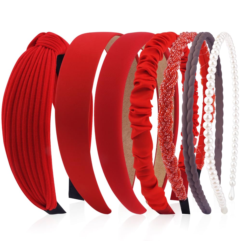 AHONEY 7 Pack Red Headbands for Women Christmas Headbands Trendy Non Slip Hairbands Cute Hair Accessories Multi-style Headband Pack (Redl)