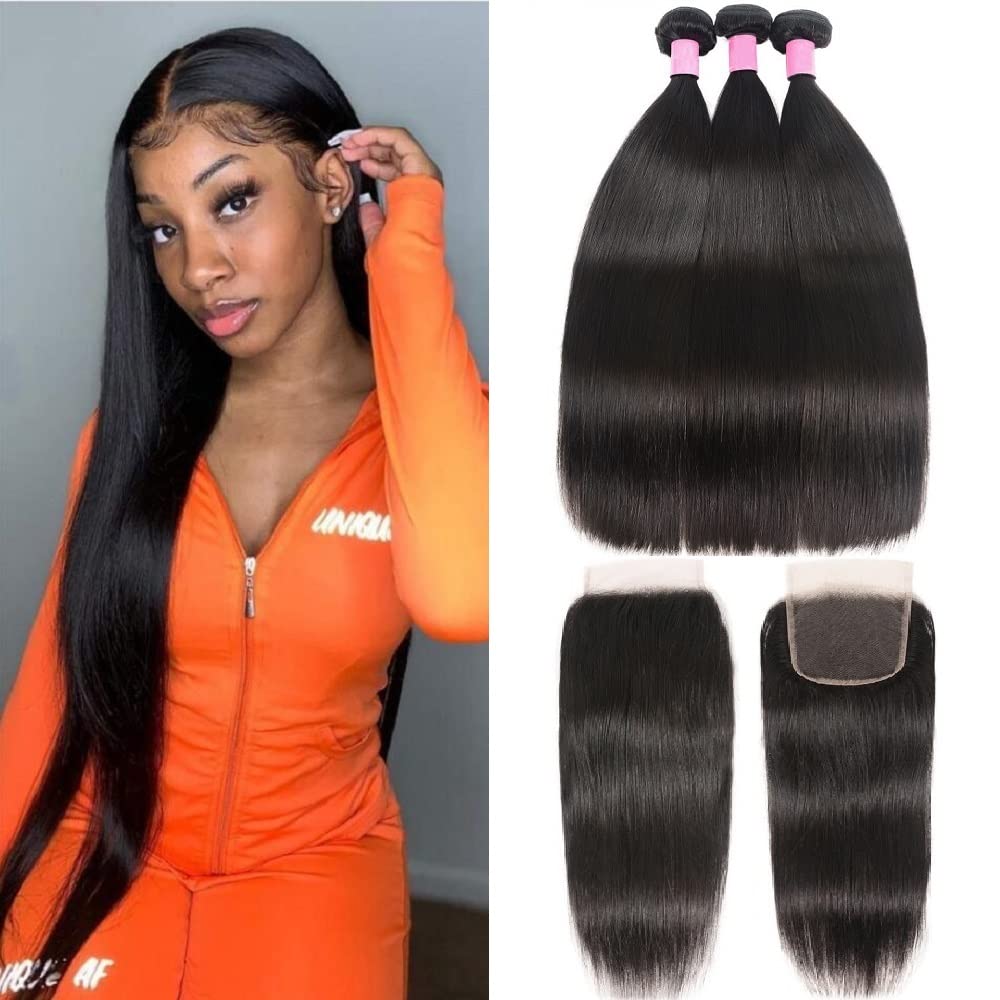 YOCYTU 10A Brazilian Human Hair Bundles with Closure 26 28 30+20 Inch Straight Bundles with Closure 100% Unprocessed Virgin Weave 3 Bundles Human Hair with HD Lace Closure Free Part
