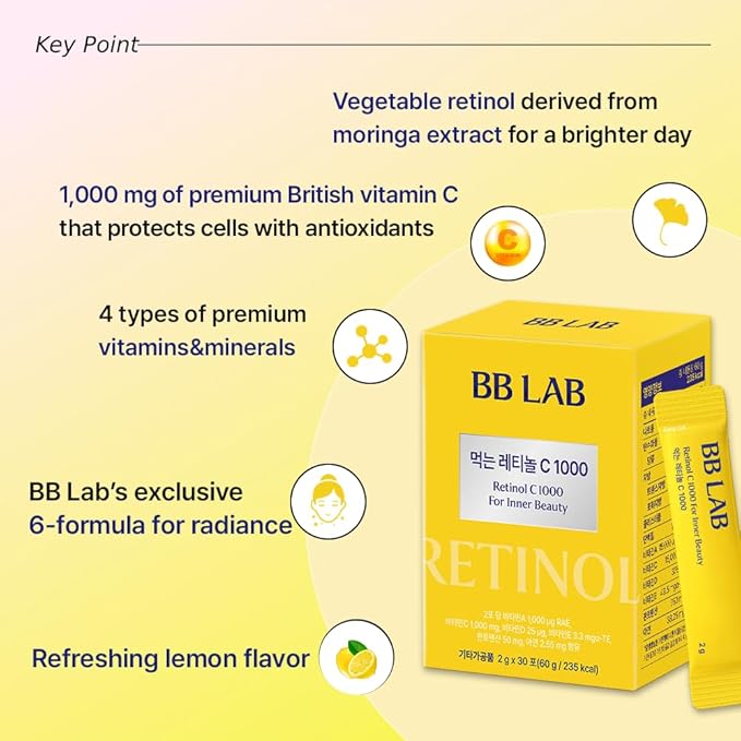 BB LAB Retinol C 1000, Powder Blend with Vitamin C, Retinol, Vitamin E, B5 & Zinc for Radiant Skin, Korea Inner Beauty Supplement for Healthy-Looking Skin