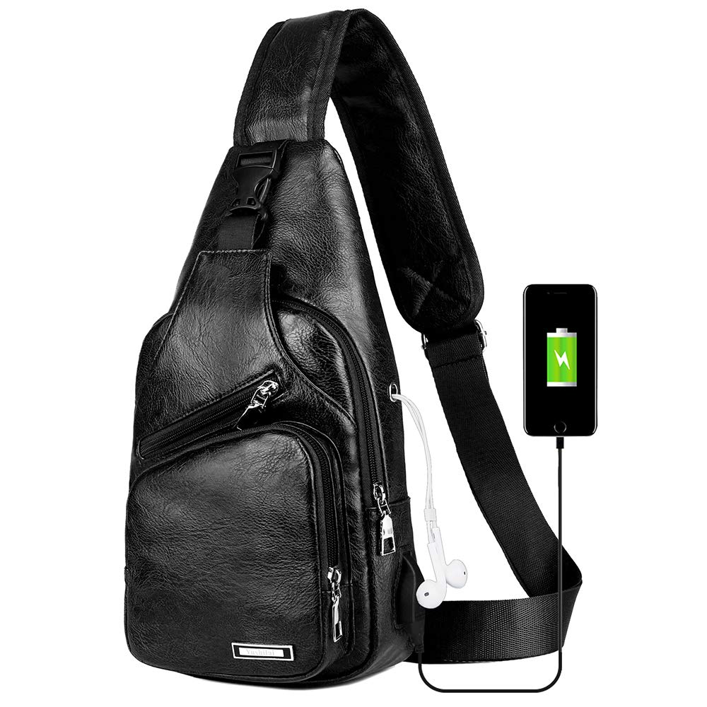 Peicees Leather Sling Bag Mens Crossbody Bag Chest Bag Sling Backpack for Men with USB Charge Port