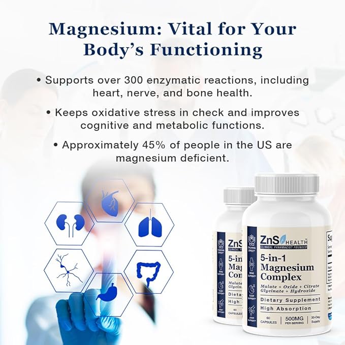 5-in-1 Magnesium Complex Spectrum 5 Magnesium Glycinate from ZnS Health, Malate, Citrate, Oxide, Hydroxide for Energy, Nerves, Muscles, Sleep, Joints, High Absorption 500 mg 60 Capsules Vegan Non-GMO
