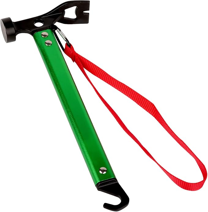 Carbon Steel Aluminum Camping Hammer, 12" Small Lightweight Three-in-One Functional Tent Stake Hammer for Hiking Kit Green