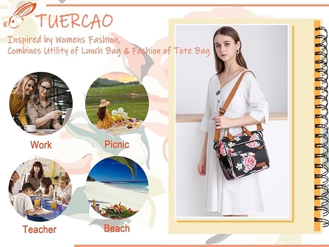 TuErCao Lunch Box for Women Adult Insulated Lunch Bag for Female Teacher Nurse Mom, Fashion Ladies Lunch Tote Bag for Work, Peony
